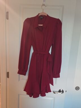 Express Women's Wine Long-Sleeve Wrap Dress